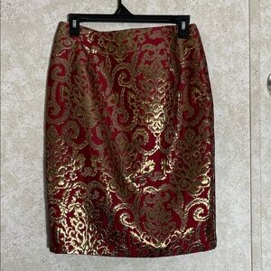 Sunny Leigh Red and Gold Brocade Pencil Lined  Skirt size 2